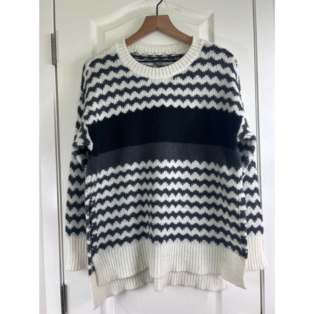 Aerie Women's Wool Blend Sweater Gray Black White Stripe Side Slits Size M